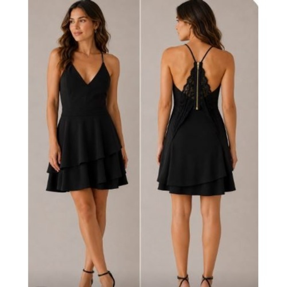 Black Tiered Skater Dress Sz.S Lace Racerback Cocktail LBD Formal Prom Edgy Chic